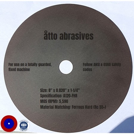 ATTO ABRASIVES Ultra-Thin Sectioning Wheels 8"x0.020"x1-1/4" Ferrous Hard Rc 55+ 3W200-050-SH